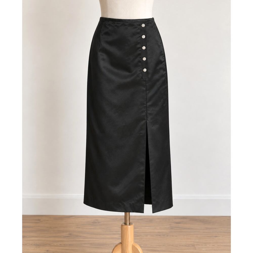 90s Doncaster Black 100% Silk Midi Skirt Minimalist Crystal Button Size 2 Vtg